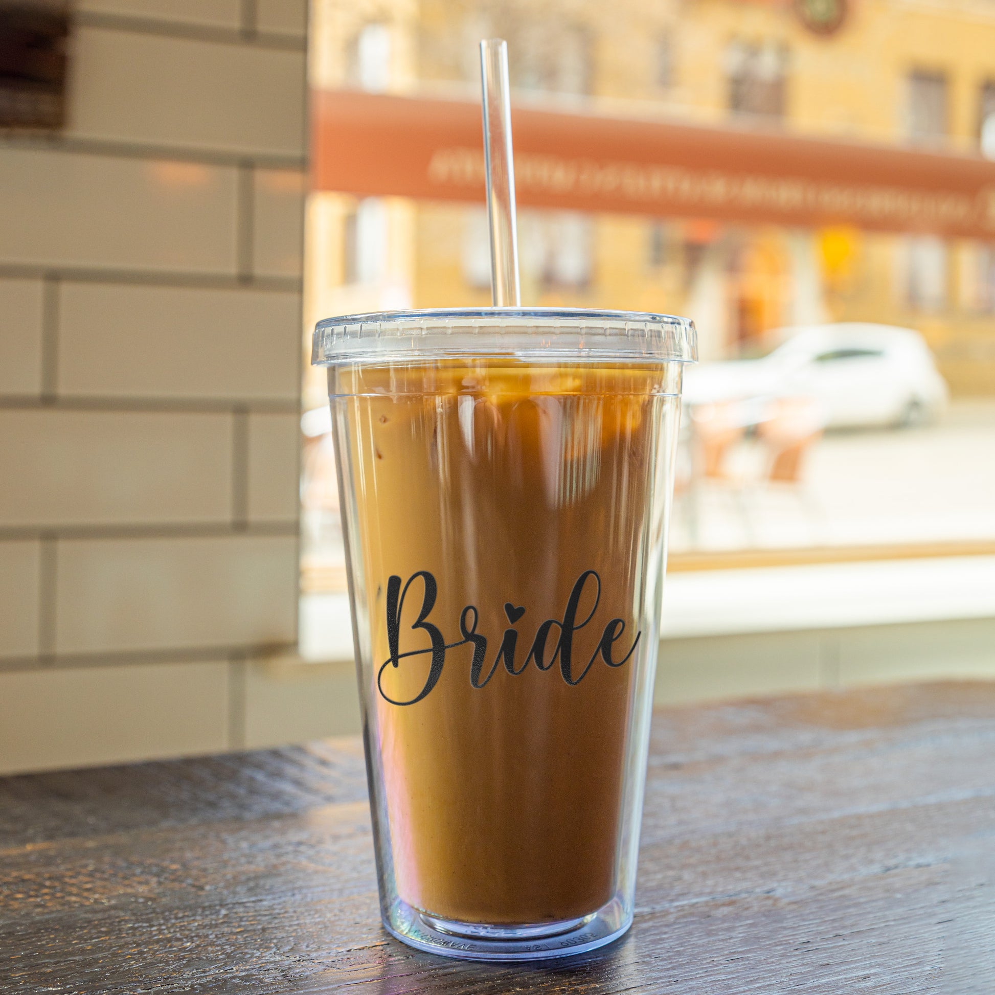 Bride Acrylic Tumbler with double-wall construction, secure screw-on lid, and straw. Ideal for pre-wedding festivities and keeping drinks cold or hot. Perfect for the bride tribe, this BPA-free tumbler is a stylish and practical accessory for bridal parties