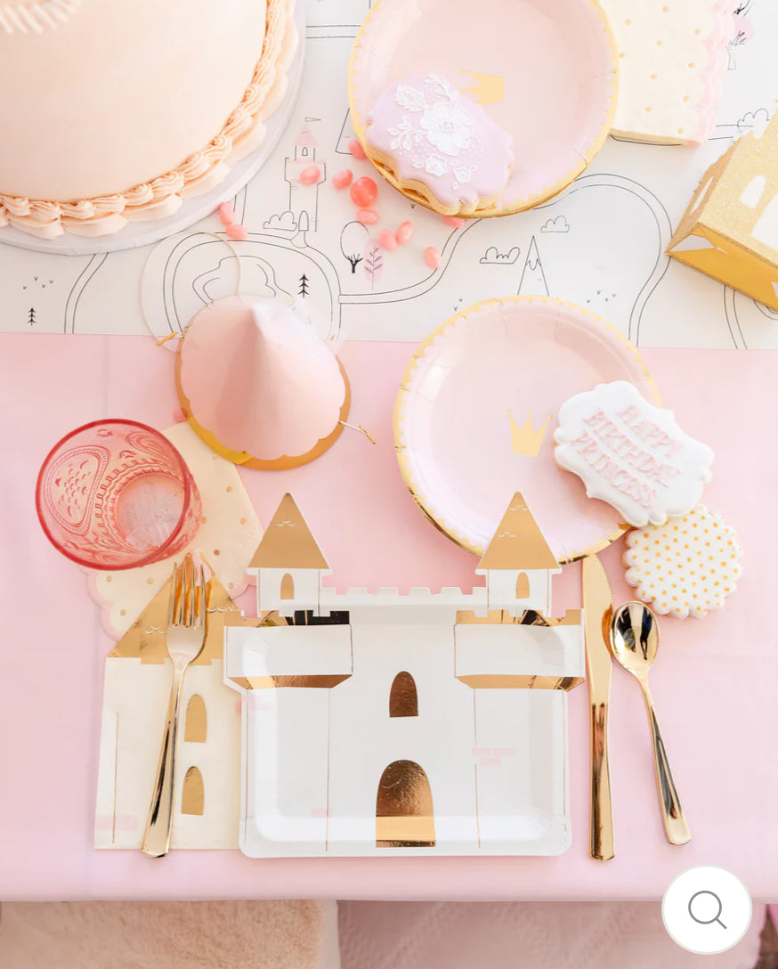 Castle turret-shaped napkins with gold foil accents, perfect for a princess-themed party or fairy tale birthday. Includes 18 paper napkins, measuring 7.5 x 4.5 inches. Pair with castle plates and a princess table runner for a magical party table setting.