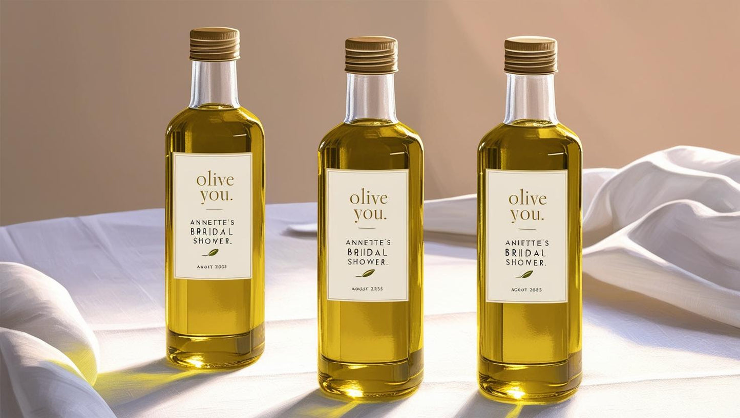 Gourmet olive oil wedding favors – cold-pressed, premium oil in 4.5” acrylic bottles.