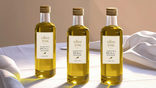 Gourmet olive oil wedding favors – cold-pressed, premium oil in 4.5” acrylic bottles.