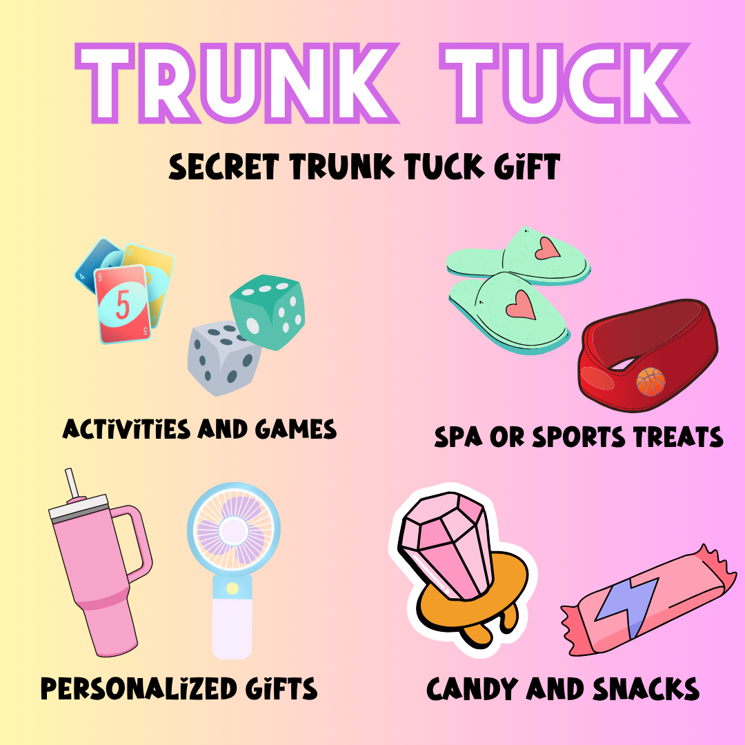 Personalized camp Trunk Tuck bag with fun games, snacks, and keepsake pouch for kids