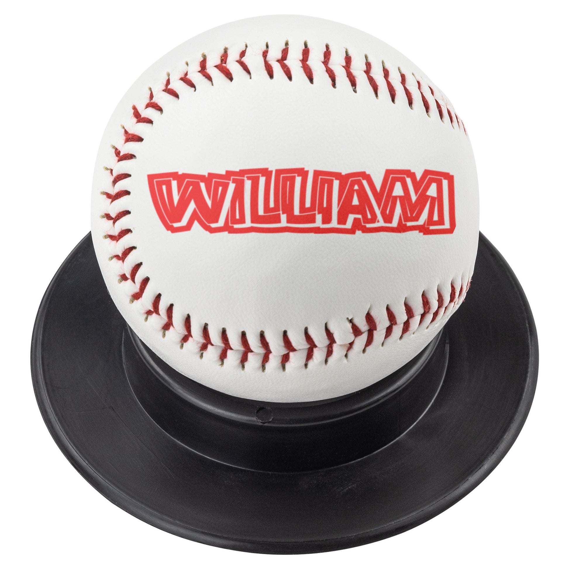 Personalized full-size 2.9" synthetic leather baseball with custom name or logo in your choice of font, available with red or blue seams. Includes a black display base. Perfect as a coach appreciation gift, team parent thank you, or sports fan keepsake. Ideal for display on a desk or mantle.