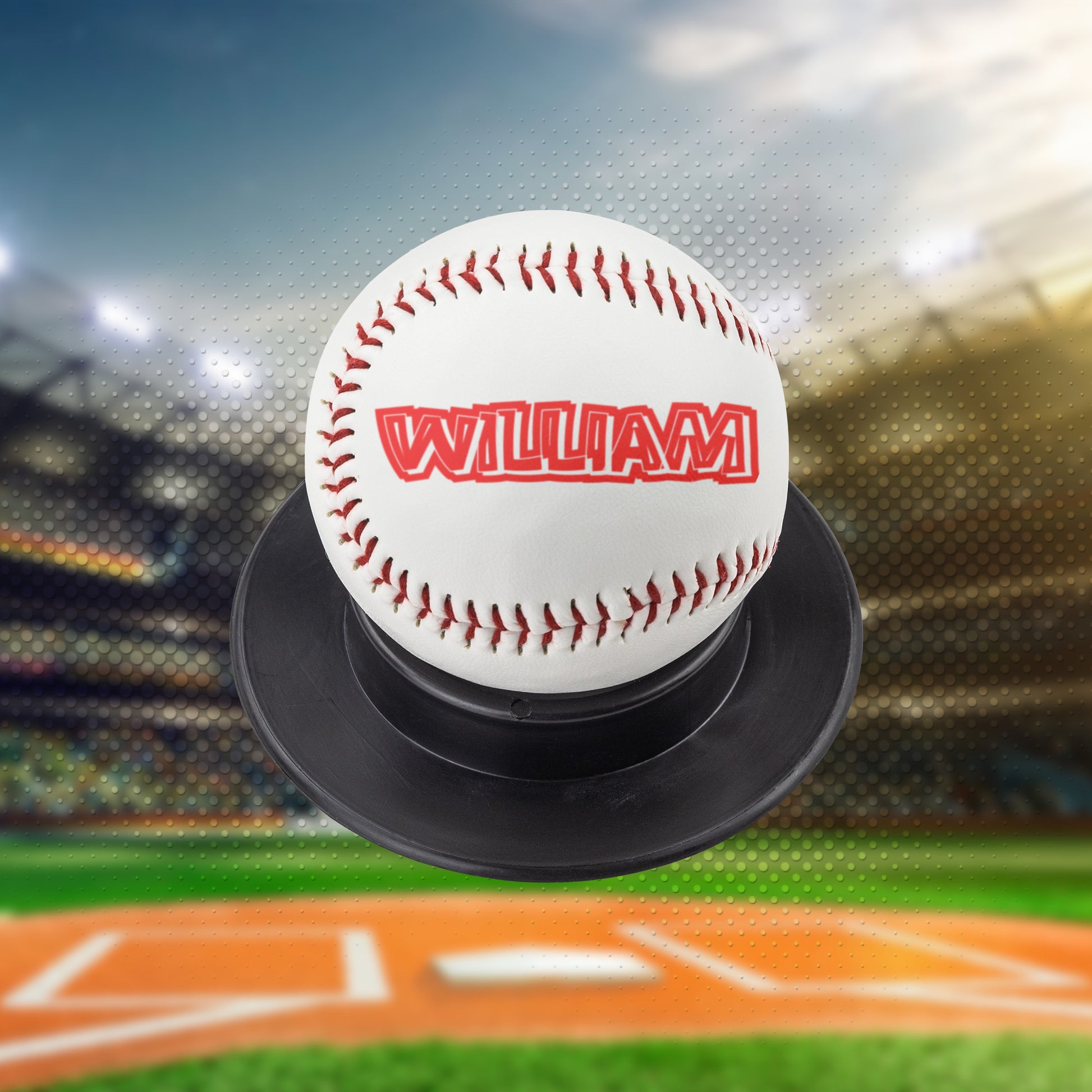 Personalized full-size 2.9" synthetic leather baseball with custom name or logo in your choice of font, available with red or blue seams. Includes a black display base. Perfect as a coach appreciation gift, team parent thank you, or sports fan keepsake. Ideal for display on a desk or mantle.
