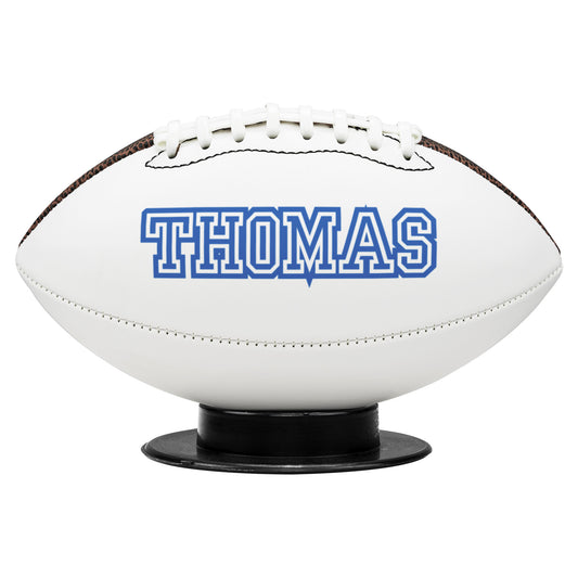 Mid-sized (8.5") synthetic leather football with full-color print, ideal as a keepsake for home or office display. Includes a display base.