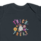 Trendy Cowboy Ghost Trick or Treat baby onesie featuring a cute ghost in a cowboy outfit holding a candy bag. Made from 100% combed ringspun cotton, this short-sleeved bodysuit is comfortable, lightweight, and perfect for baby boys or girls aged 6M-24M.