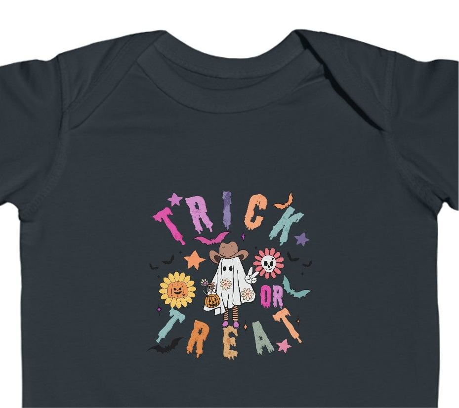 Trendy Cowboy Ghost Trick or Treat baby onesie featuring a cute ghost in a cowboy outfit holding a candy bag. Made from 100% combed ringspun cotton, this short-sleeved bodysuit is comfortable, lightweight, and perfect for baby boys or girls aged 6M-24M.