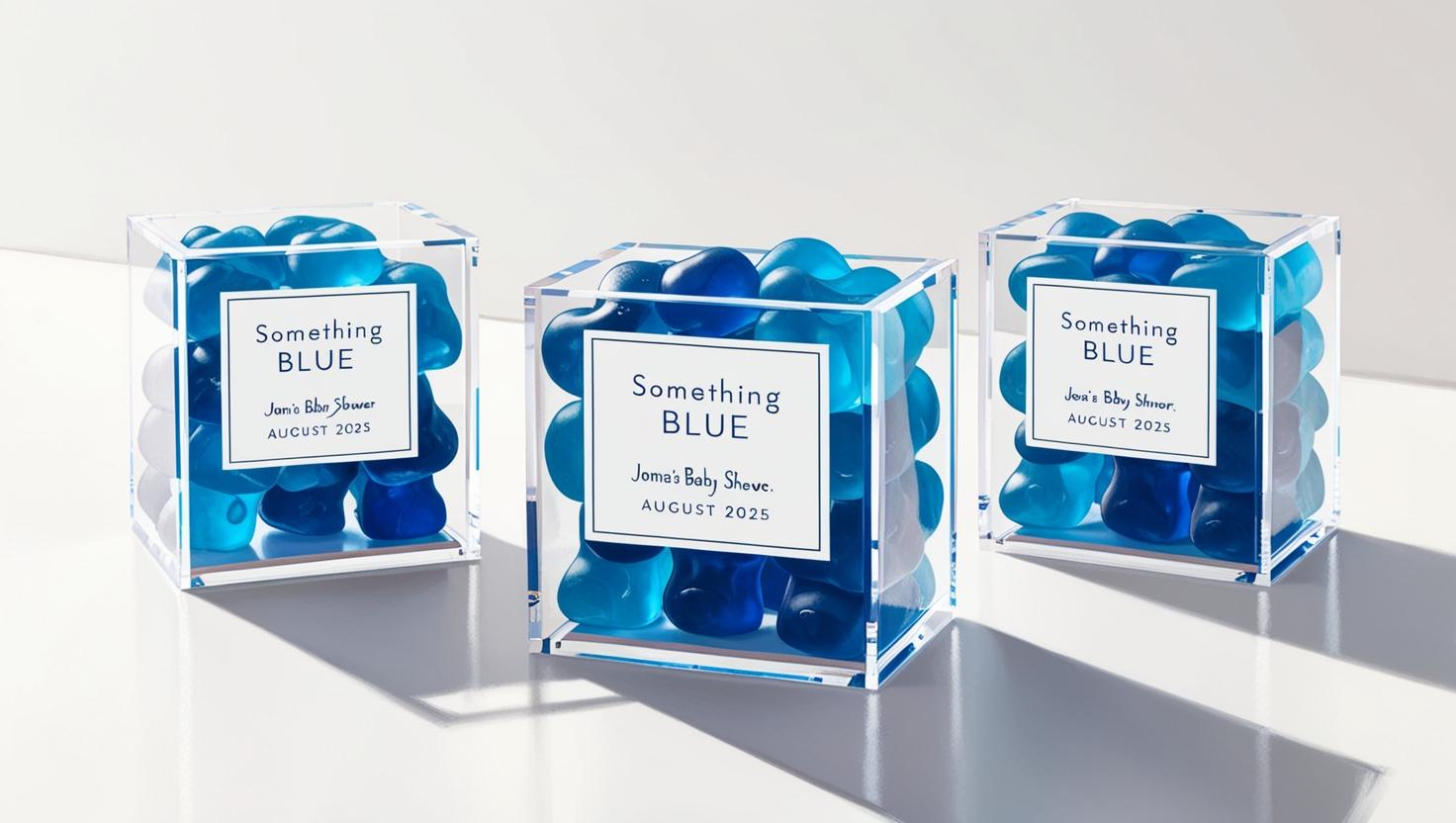 Personalized candy box filled with M&Ms, Kisses, or gummy bears for party favors.