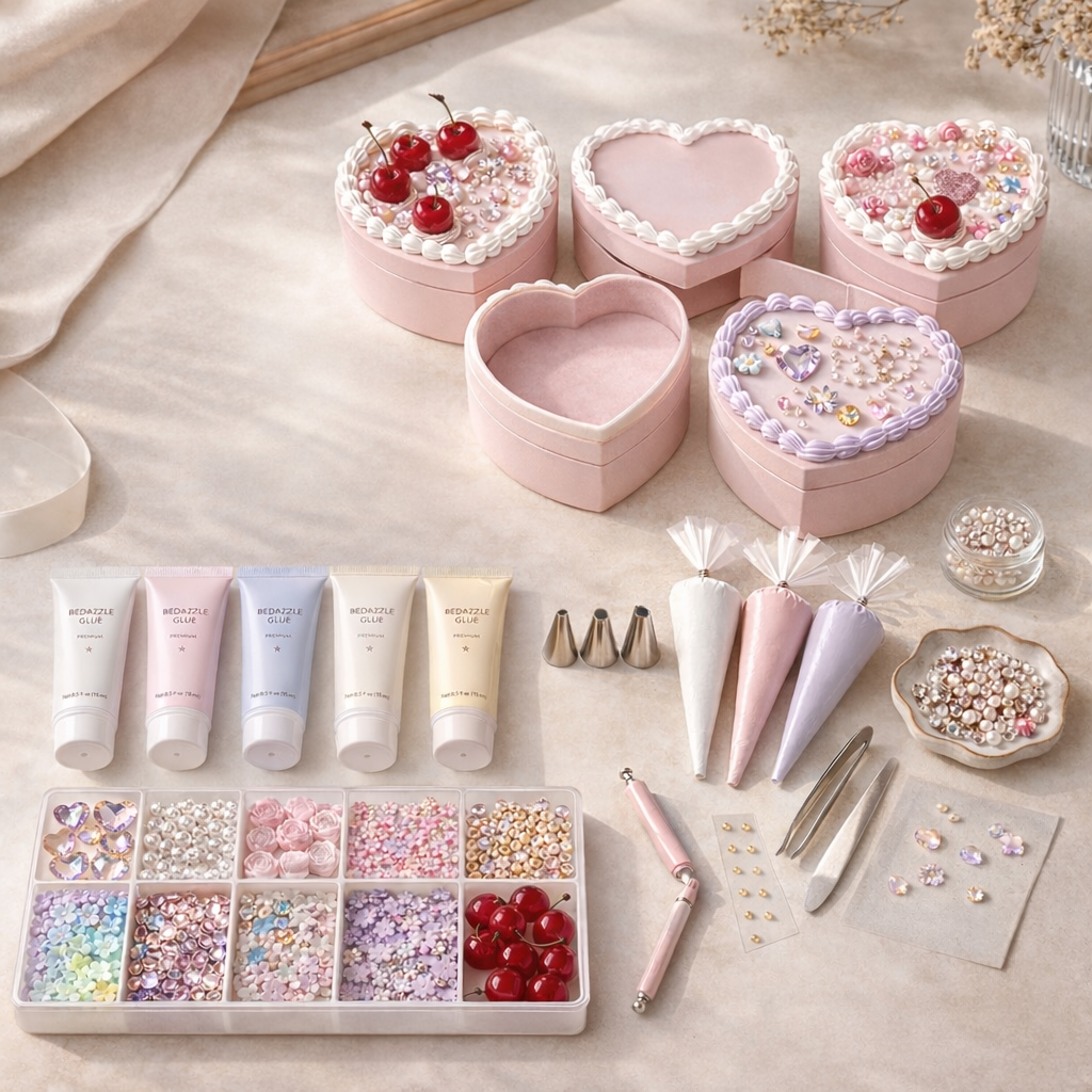 Collection of decorative heart-shaped boxes, nail art supplies, and beauty products on a light surface.