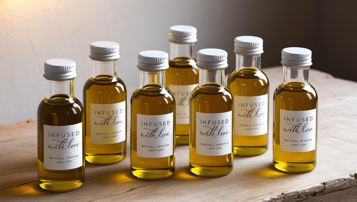Gourmet olive oil favors – custom labels, premium cold-pressed oil for weddings and engagements.