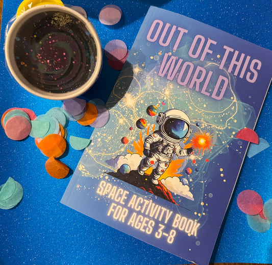 Out of this World Space Coloring and Activity Book for kids ages 3-8, featuring 60 pages of space-themed coloring, scissor activity pages, drawing tutorials, and mazes. Perfect party favor or gift to spark creativity and imagination. Ideal for birthdays, themed parties, or as a non-screen activity, pairing well with regular or themed crayons.
