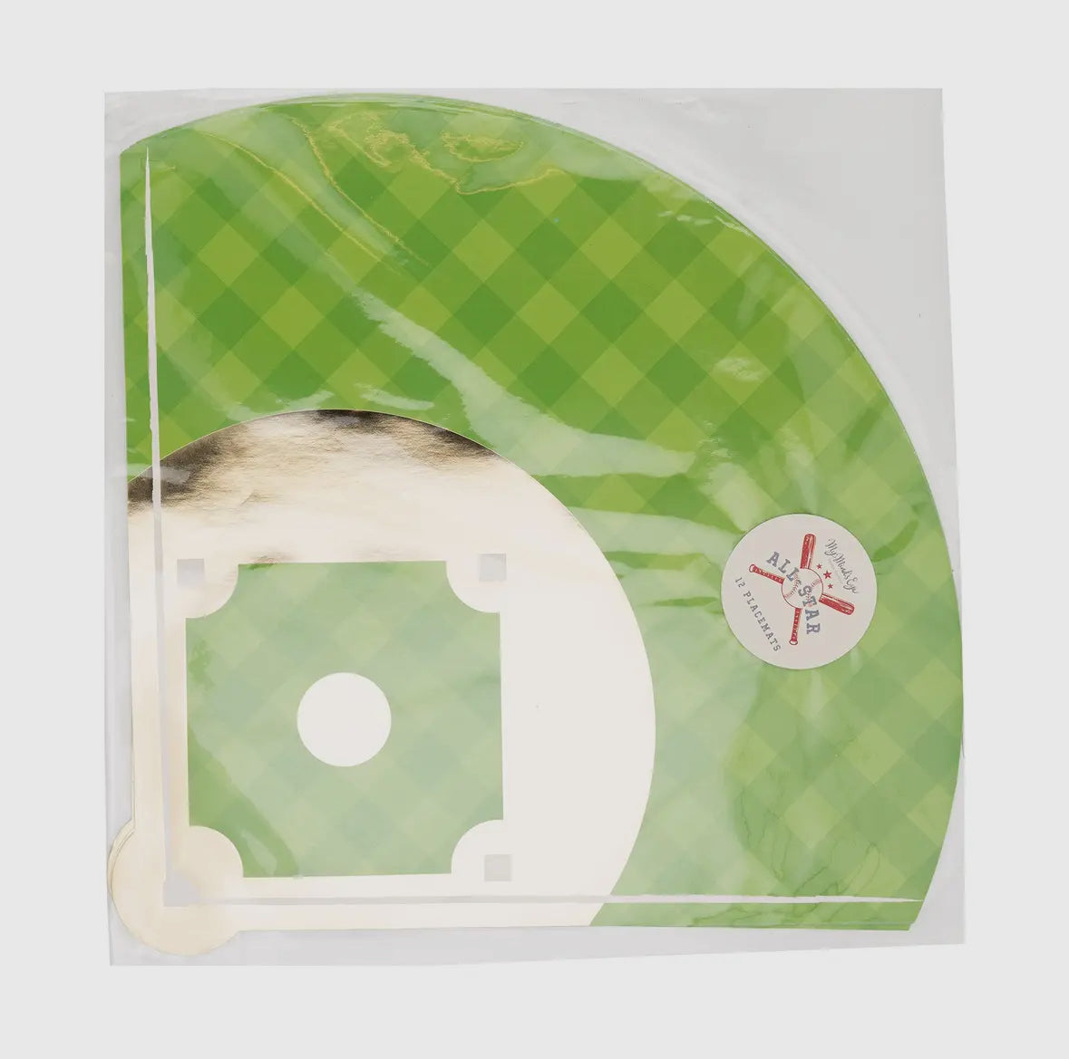 Set of 12 Baseball Diamond Paper Placemats, 16" x 13½", featuring a fun baseball diamond design with gold foil accents. Perfect for baseball-themed parties, these disposable placemats add a playful touch to your table while protecting it from spills. Ideal for sports events and game day celebrations.