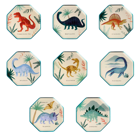 Dinosaur Kingdom Paper Plates with Beautiful Dinosaur Illustrations and Copper & Green Foil Detail, Perfect for a Dinosaur Party, Pack of 8, 8.25 x 8.25 Inches.