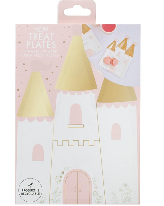 Castle-shaped pink and gold paper plates for princess-themed birthday parties.