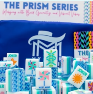 Close-up of Prism Blue Mahjong tiles on table