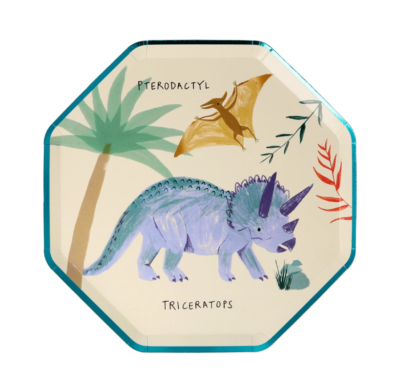 Dinosaur Kingdom Paper Plates with Beautiful Dinosaur Illustrations and Copper & Green Foil Detail, Perfect for a Dinosaur Party, Pack of 8, 8.25 x 8.25 Inches.