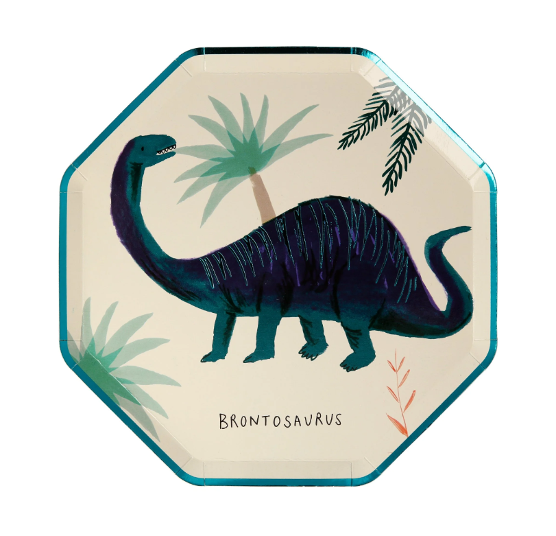 Dinosaur Kingdom Paper Plates with Beautiful Dinosaur Illustrations and Copper & Green Foil Detail, Perfect for a Dinosaur Party, Pack of 8, 8.25 x 8.25 Inches.
