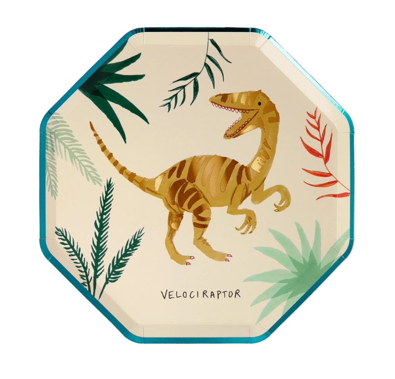 Dinosaur Kingdom Paper Plates with Beautiful Dinosaur Illustrations and Copper & Green Foil Detail, Perfect for a Dinosaur Party, Pack of 8, 8.25 x 8.25 Inches.