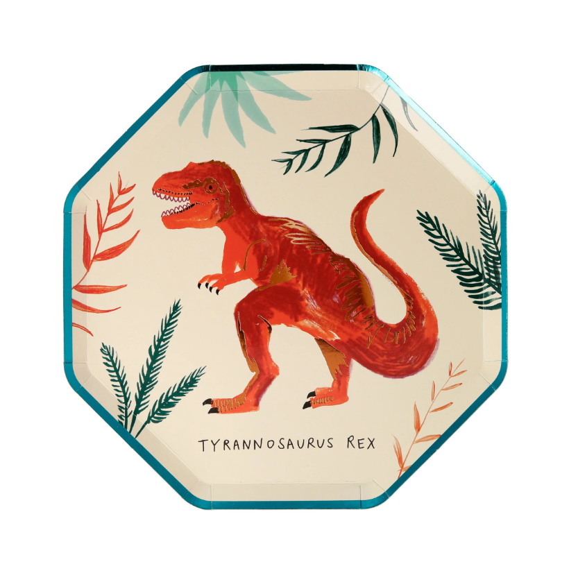 Dinosaur Kingdom Paper Plates with Beautiful Dinosaur Illustrations and Copper & Green Foil Detail, Perfect for a Dinosaur Party, Pack of 8, 8.25 x 8.25 Inches.
