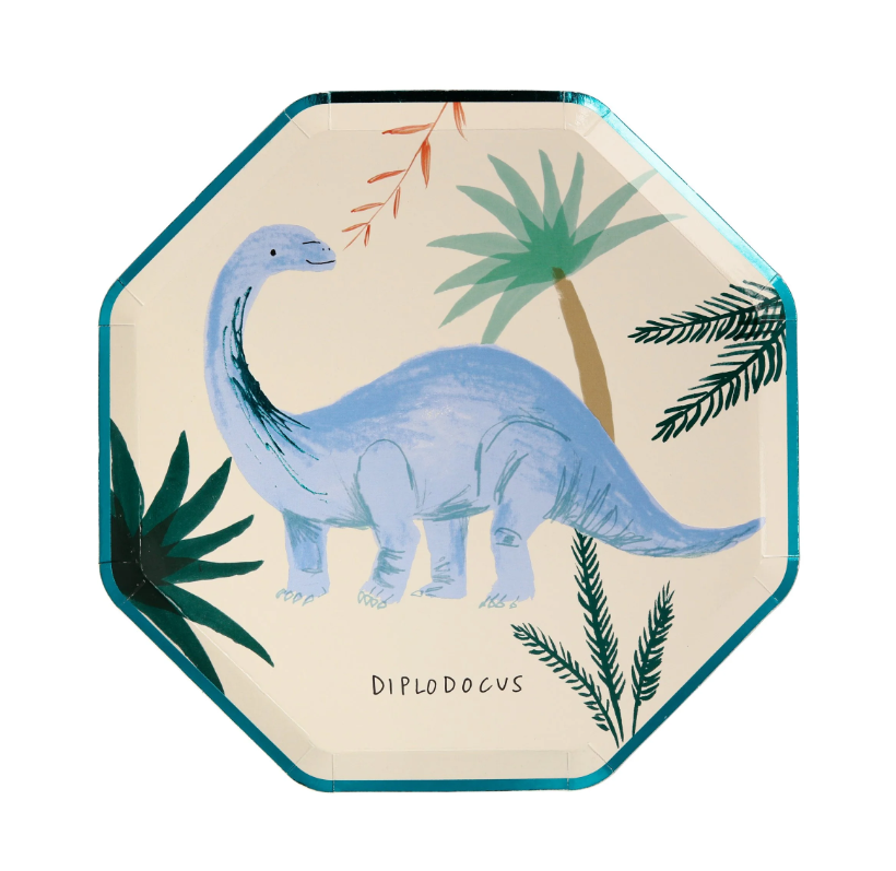 Dinosaur Kingdom Paper Plates with Beautiful Dinosaur Illustrations and Copper & Green Foil Detail, Perfect for a Dinosaur Party, Pack of 8, 8.25 x 8.25 Inches.