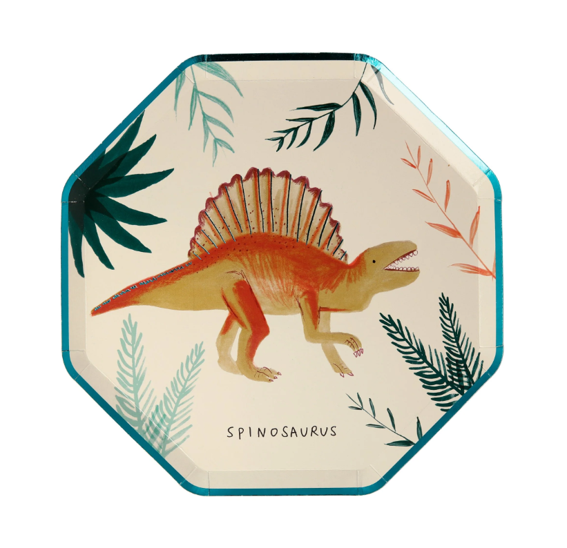 Dinosaur Kingdom Paper Plates with Beautiful Dinosaur Illustrations and Copper & Green Foil Detail, Perfect for a Dinosaur Party, Pack of 8, 8.25 x 8.25 Inches.