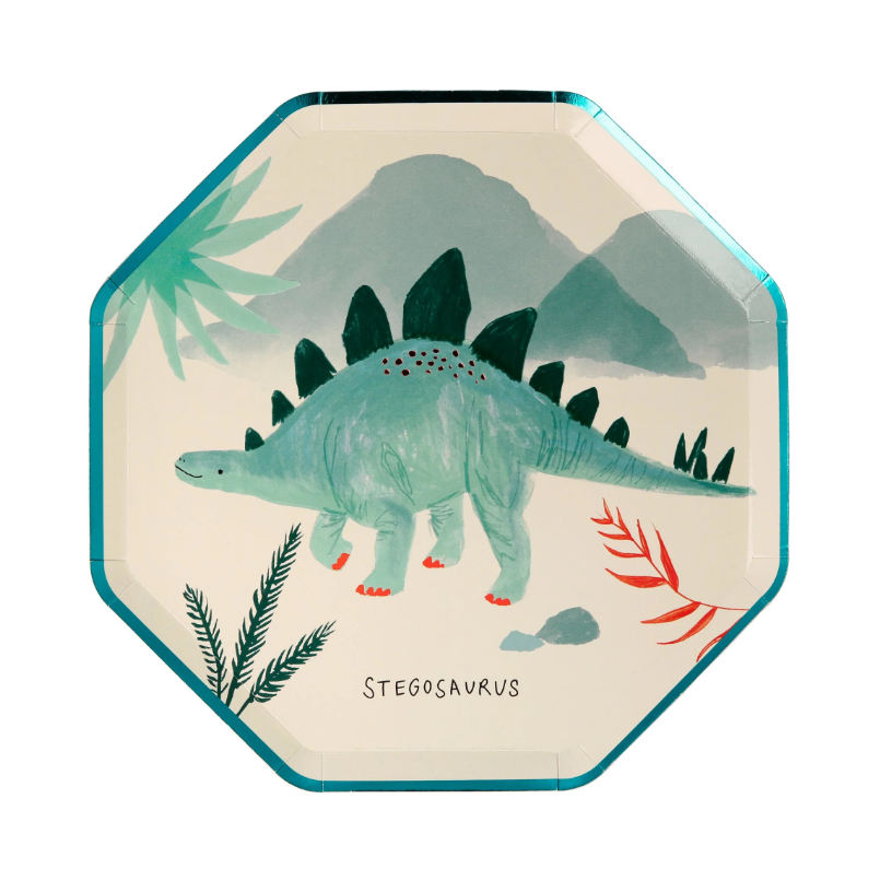 Dinosaur Kingdom Paper Plates with Beautiful Dinosaur Illustrations and Copper & Green Foil Detail, Perfect for a Dinosaur Party, Pack of 8, 8.25 x 8.25 Inches.