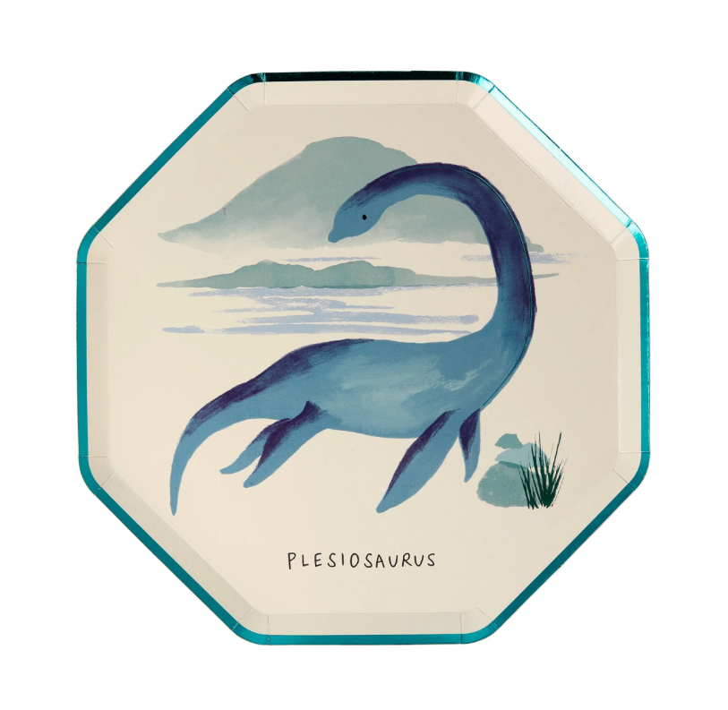 Dinosaur Kingdom Paper Plates with Beautiful Dinosaur Illustrations and Copper & Green Foil Detail, Perfect for a Dinosaur Party, Pack of 8, 8.25 x 8.25 Inches.