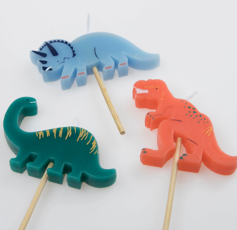 Dinosaur-Themed Party Candles Featuring Stegosaurus, Brachiosaurus, T-Rex, Diplodocus, and Triceratops on Wooden Sticks, 5 Unique Designs, 3.25 Inches Tall.