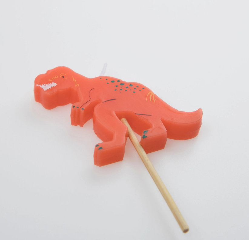 Dinosaur-Themed Party Candles Featuring Stegosaurus, Brachiosaurus, T-Rex, Diplodocus, and Triceratops on Wooden Sticks, 5 Unique Designs, 3.25 Inches Tall.