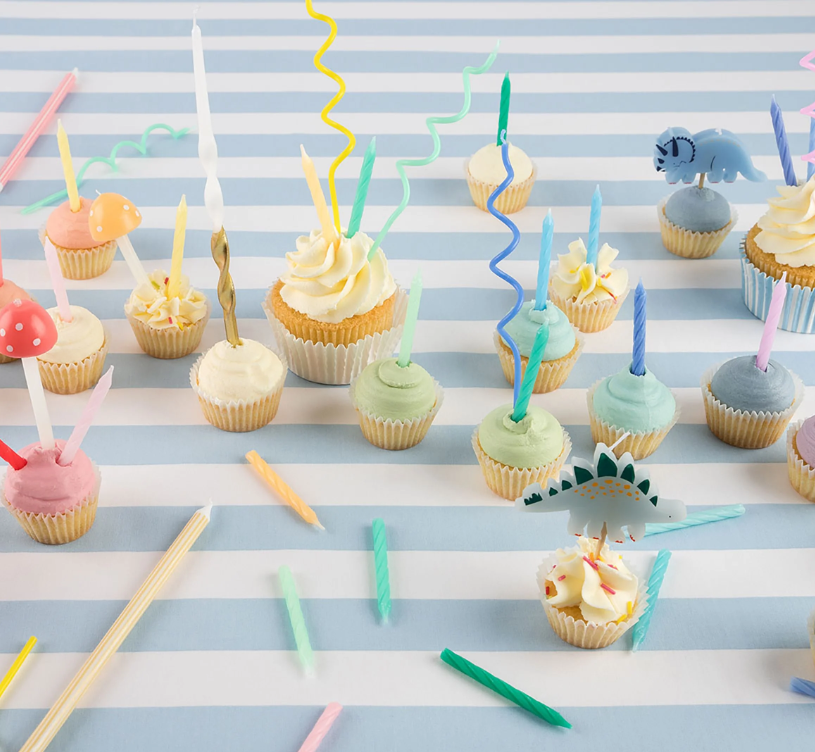 Dinosaur-Themed Party Candles Featuring Stegosaurus, Brachiosaurus, T-Rex, Diplodocus, and Triceratops on Wooden Sticks, 5 Unique Designs, 3.25 Inches Tall.