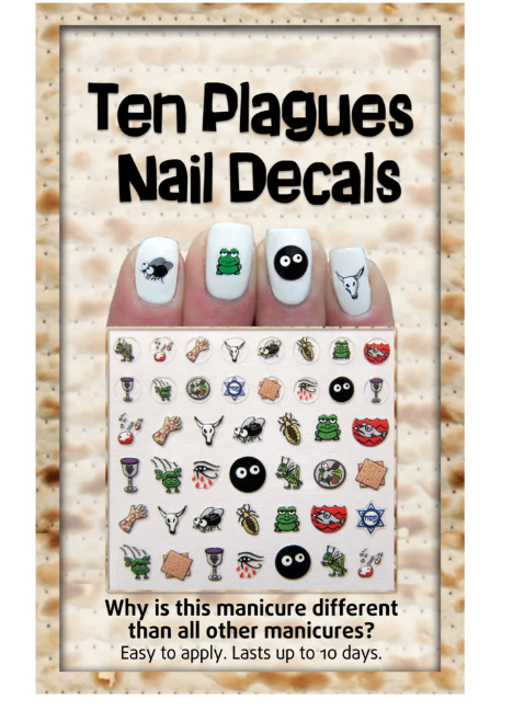 Ten Plagues nail decals set with 44 Passover-themed stickers for adults & kids, easy to apply.
