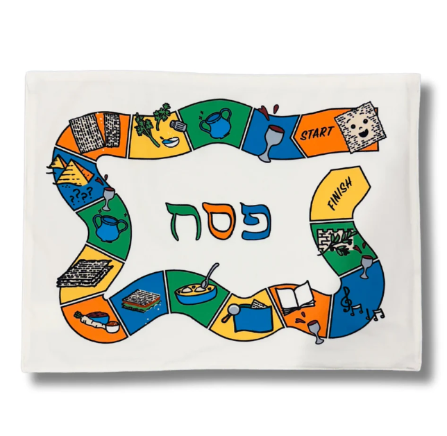 Seder game placemat 19x14”, fun Passover table mat to follow seder steps, soft polyester.