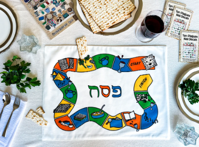 Fun seder game placemat 19x14”, Passover table mat to follow seder steps, supersoft fabric.