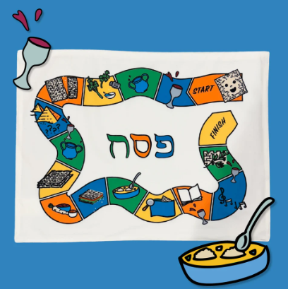 Interactive seder game placemat 19x14”, soft polyester Passover table decor.