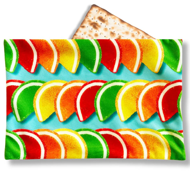 Bright jelly fruit slices Passover afikomen bag 12x8”, colorful seder gift with zipper closure.