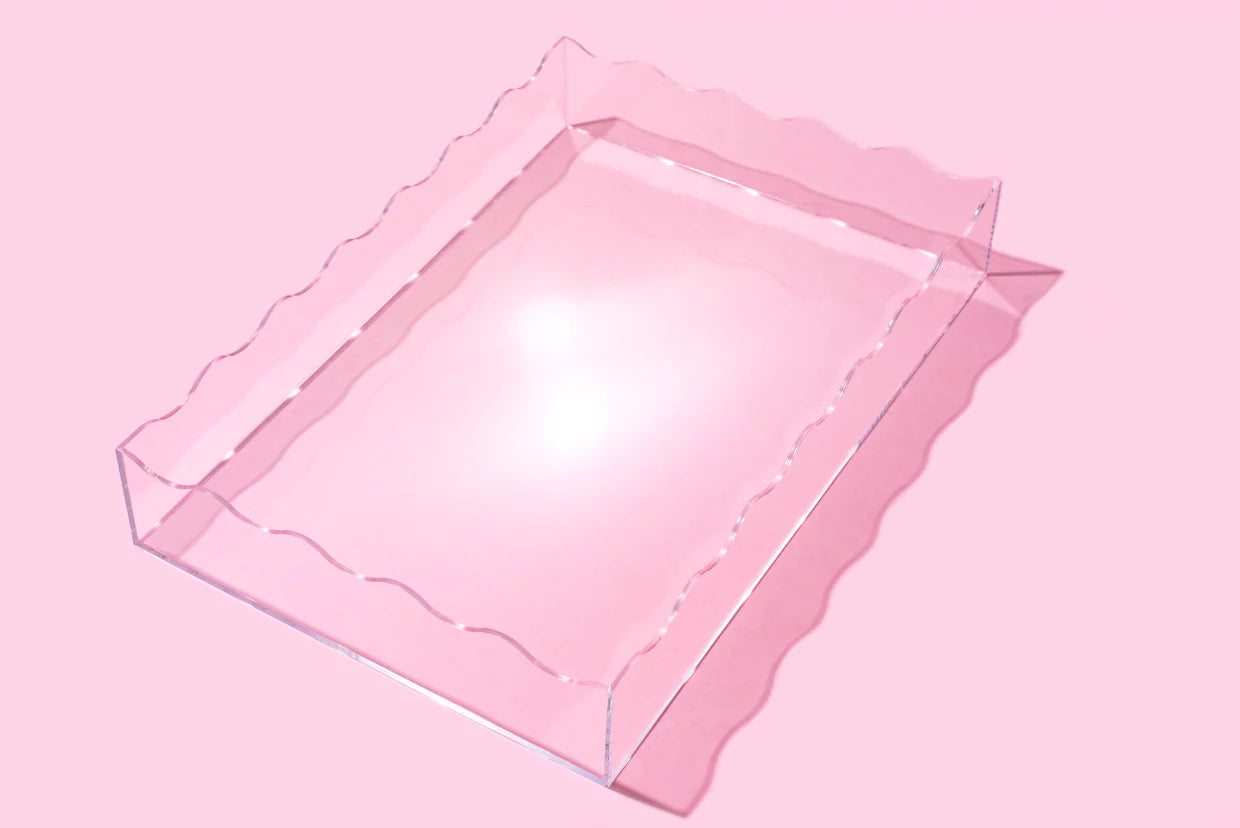 Large clear acrylic wavy rectangle tray for stylish home décor or store merchandising.