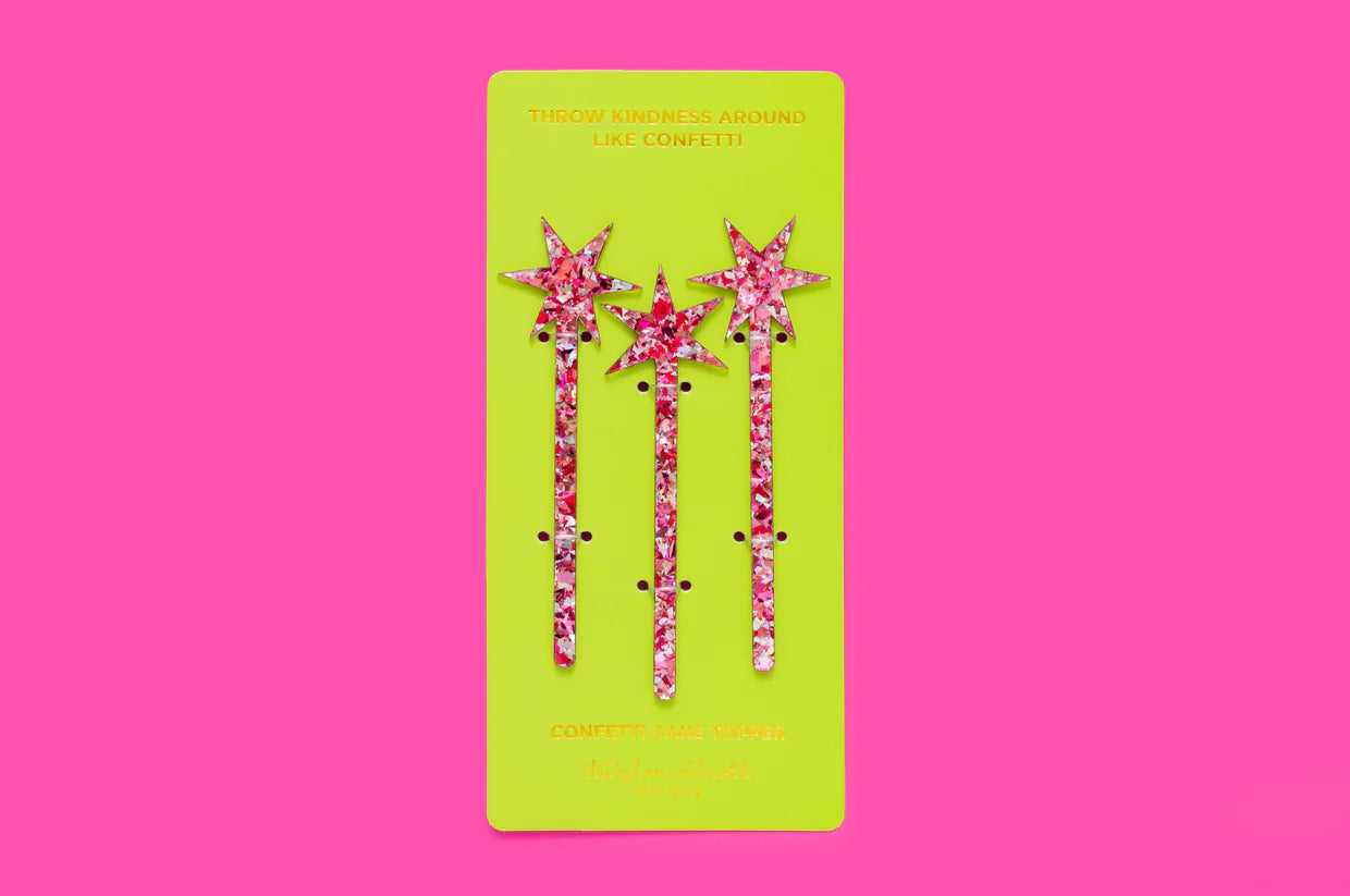 Pink confetti stars cake toppers with gold foil, perfect for birthdays, graduations, and more.