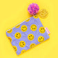 Set of 4 smiley pouches with purple gingham, perfect for organizing cosmetics, pencils, and more.