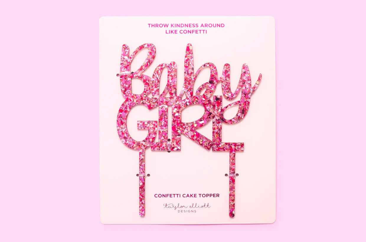 "Baby Girl" cake topper set with acrylic design and hot pink foil, ideal for baby celebrations.