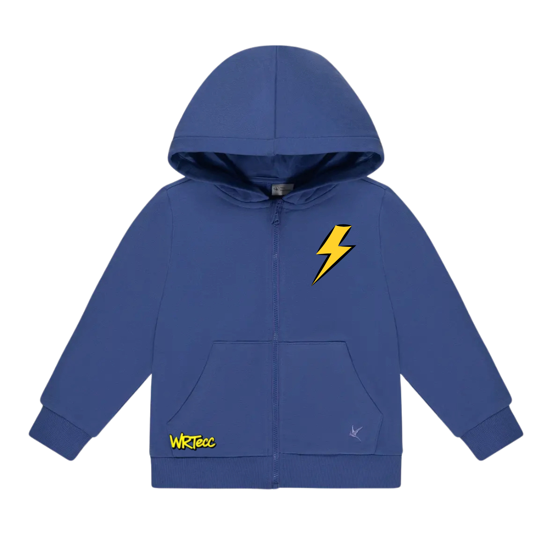 Toddler wearing navy lightning bolt WRT ECC zip hoodie