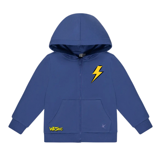 Toddler wearing navy lightning bolt WRT ECC zip hoodie