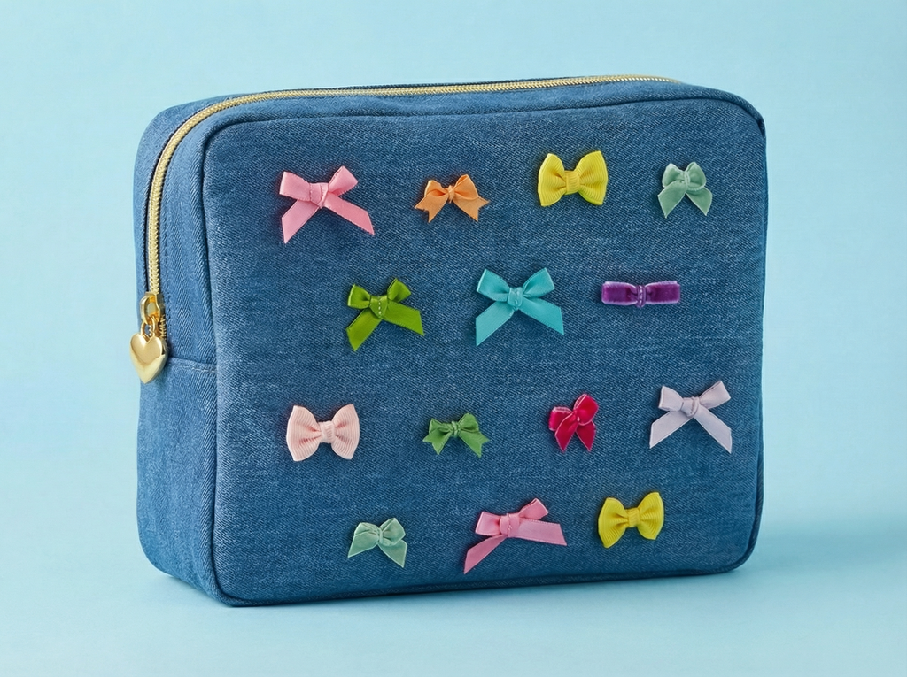 “Bella Bow” 🎀 Denim & Bow Structured Zipper Pouch by Taylor Elliott Designs