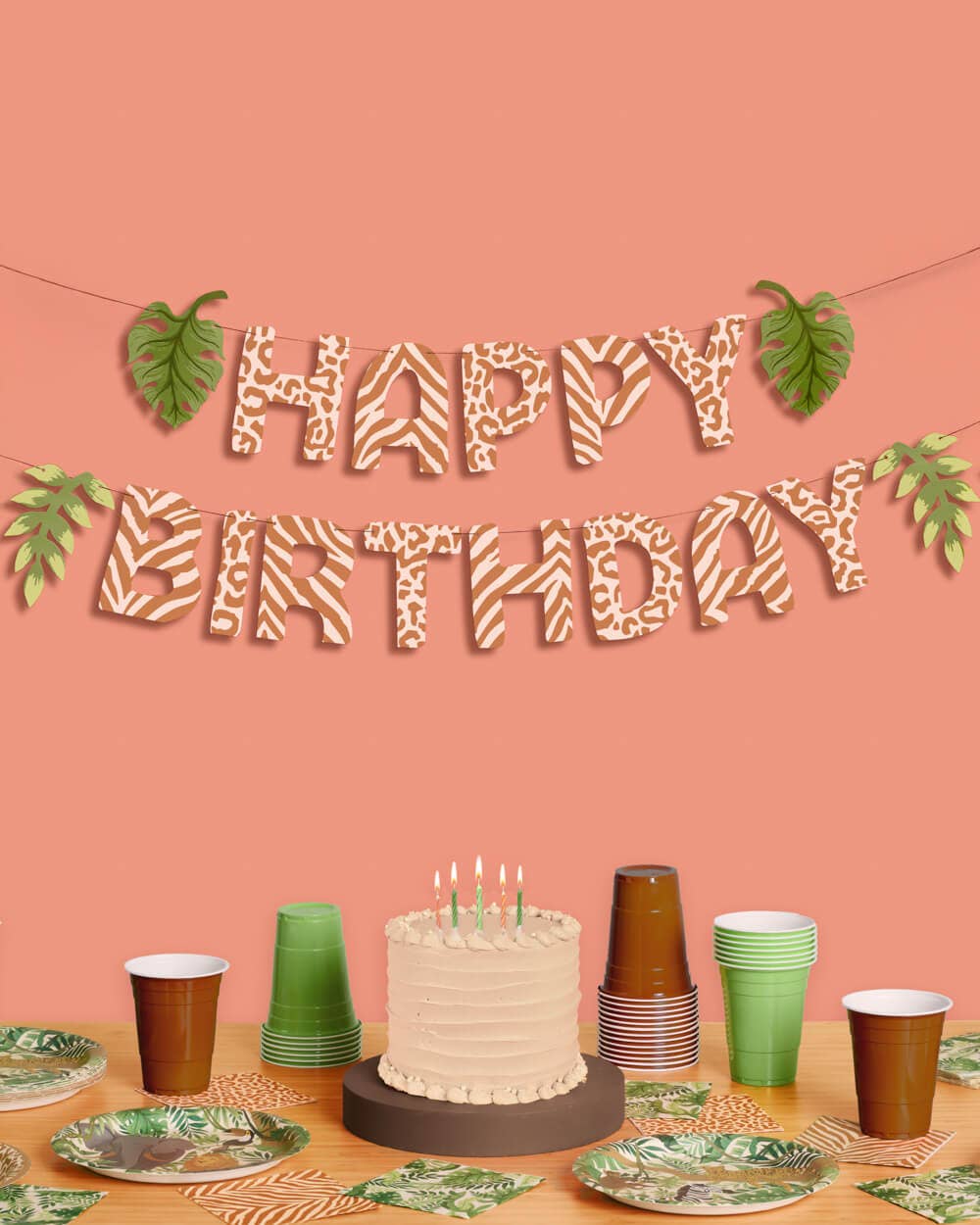 “Wild Times” 🦁 Safari Happy Birthday Banner - animal print + leaf icons, kids by xo, fetti
