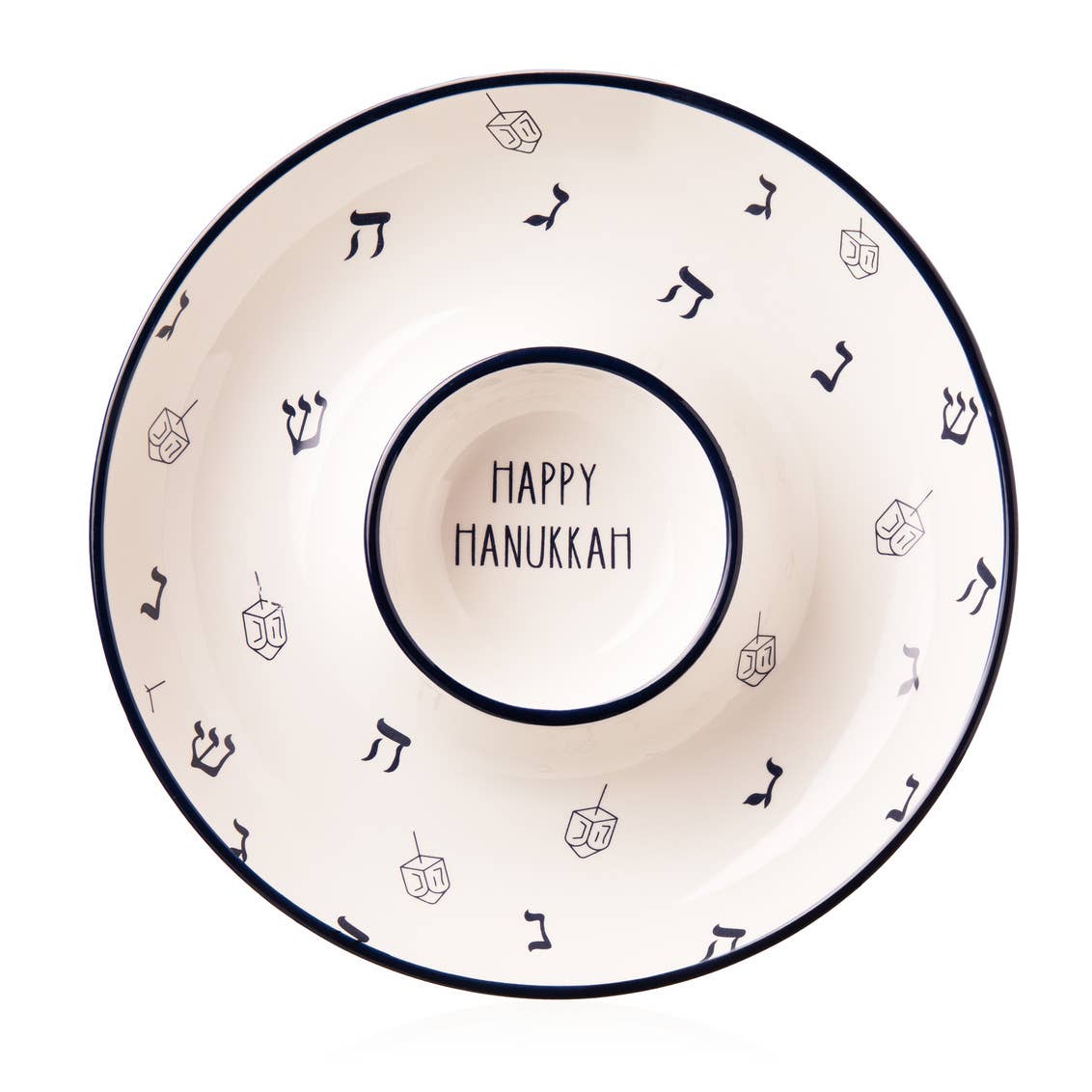 Elevate your Hanukkah gatherings with this elegant chip and dip bowl featuring Hanukkah motifs like menorahs and dreidels. Perfect for chips, veggies, and dips, this porcelain serving piece blends tradition and functionality, making it a great holiday gift.