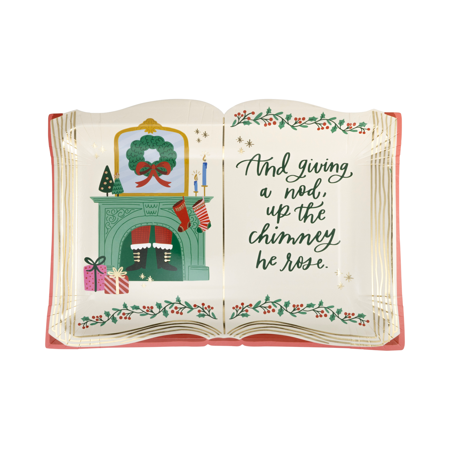 Storybook Shaped Plate for holidays, featuring playful design with gold foil accents. Includes 8 paper plates (10" x 7.5") perfect for festive feasts. From OccasionsbyShakira.com, this whimsical plate adds nostalgic charm to your holiday table, inspiring memory-making moments. Pack of 3 sets for wholesale.