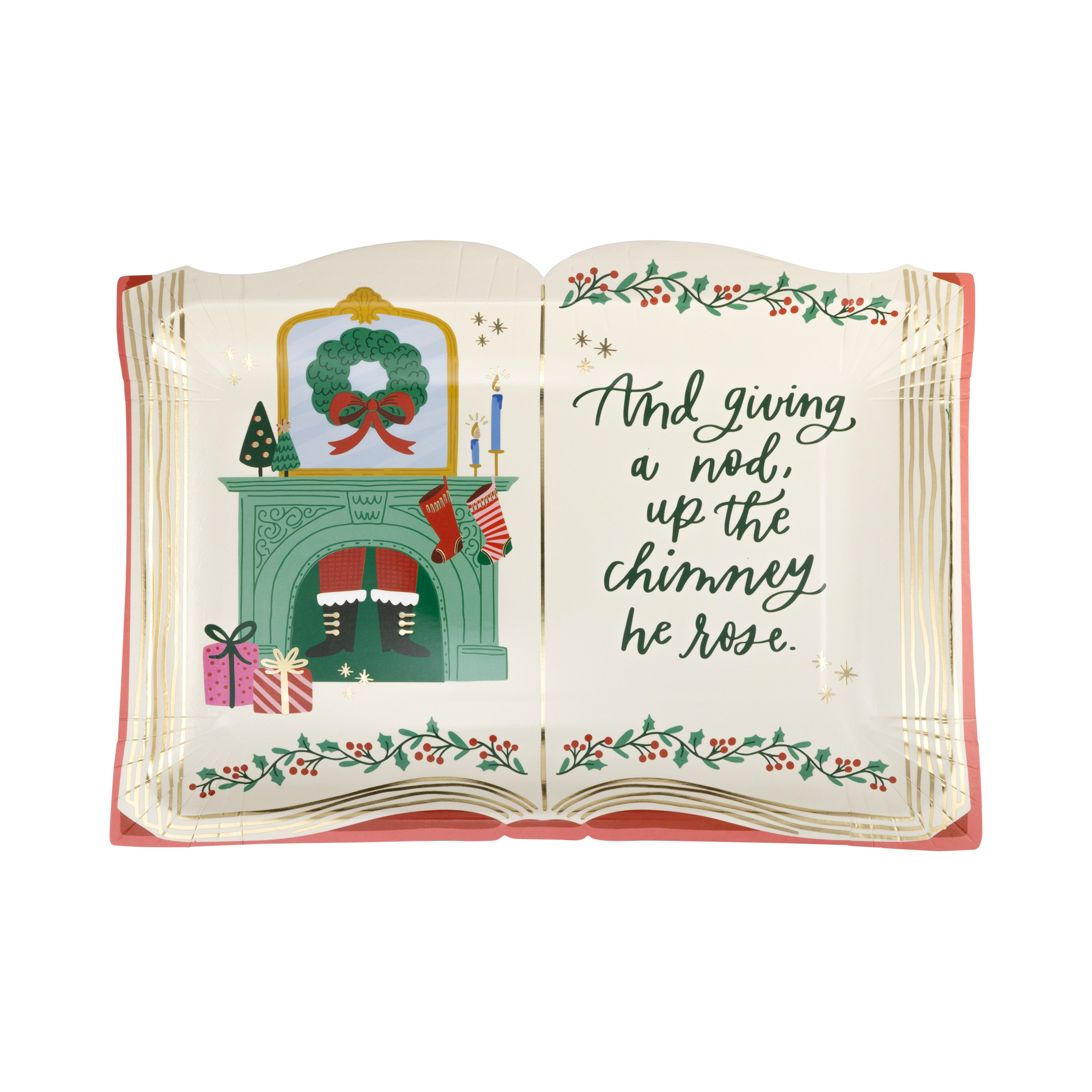 Storybook Shaped Plate for holidays, featuring playful design with gold foil accents. Includes 8 paper plates (10" x 7.5") perfect for festive feasts. From OccasionsbyShakira.com, this whimsical plate adds nostalgic charm to your holiday table, inspiring memory-making moments. Pack of 3 sets for wholesale.