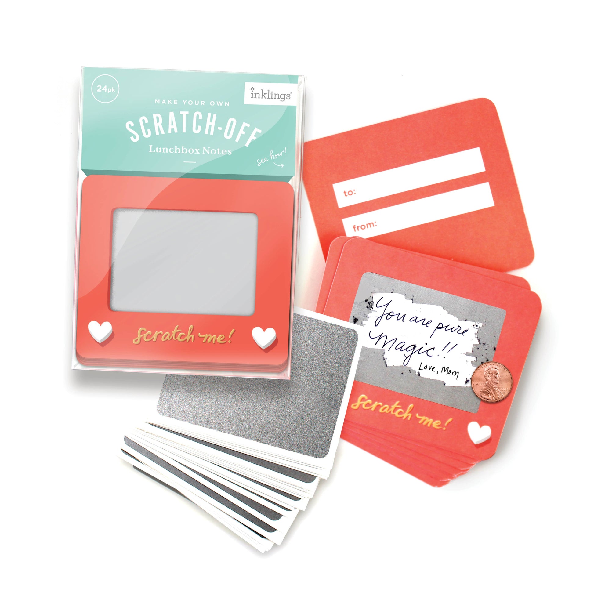 Set of 24 scratch-off lunchbox notes measuring 3.75” x 3.25”, featuring a Scratch-a-Sketch design. Each card includes a blank space for writing personalized messages and a To/From section on the back. Comes with 24 scratch-off stickers for a fun reveal of your hidden message. Perfect for slipping into lunch bags or coat pockets, these tiny notes are packaged in a clear plastic box with dimensions of L 5.25” x W 3.75” x H 1” and include directions for use, making them an ideal surprise for someone special.