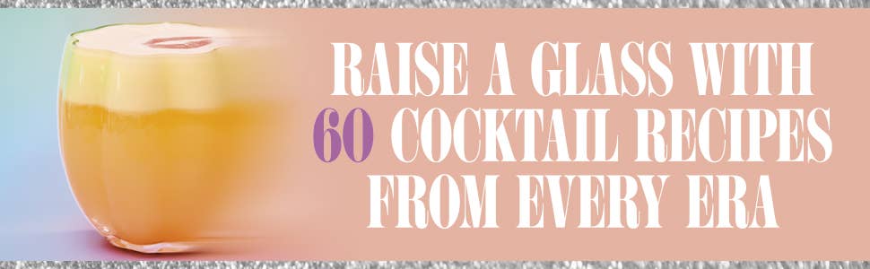 Cocktail glass with a drink and text overlay on a gradient background