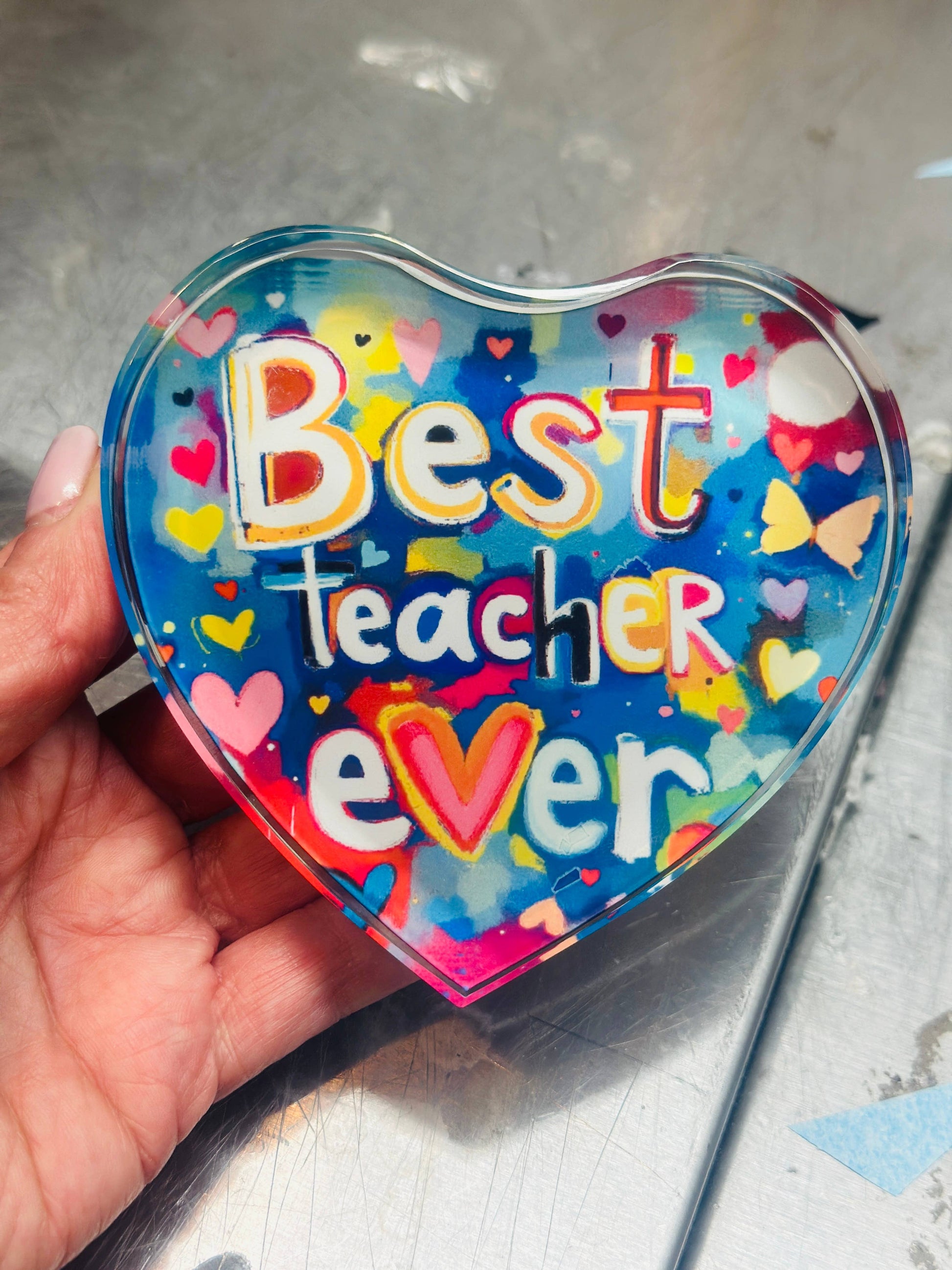 Teacher appreciation paperweight 4.2”x4”, elegant crystal decor for classroom or office.