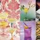 Collage of various cocktails in different glasses with a decorative pink background.
