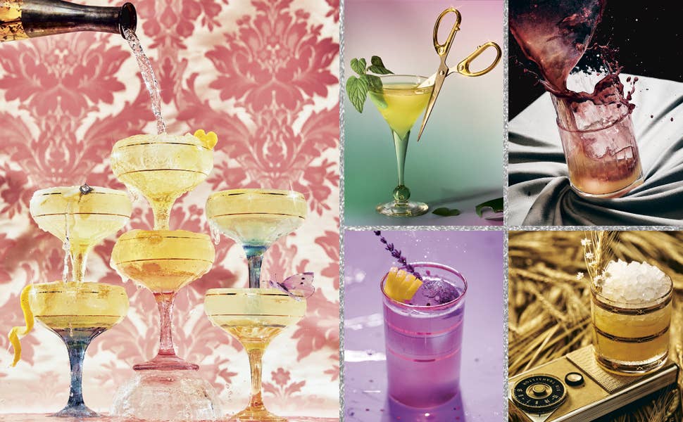 Collage of various cocktails in different glasses with a decorative pink background.